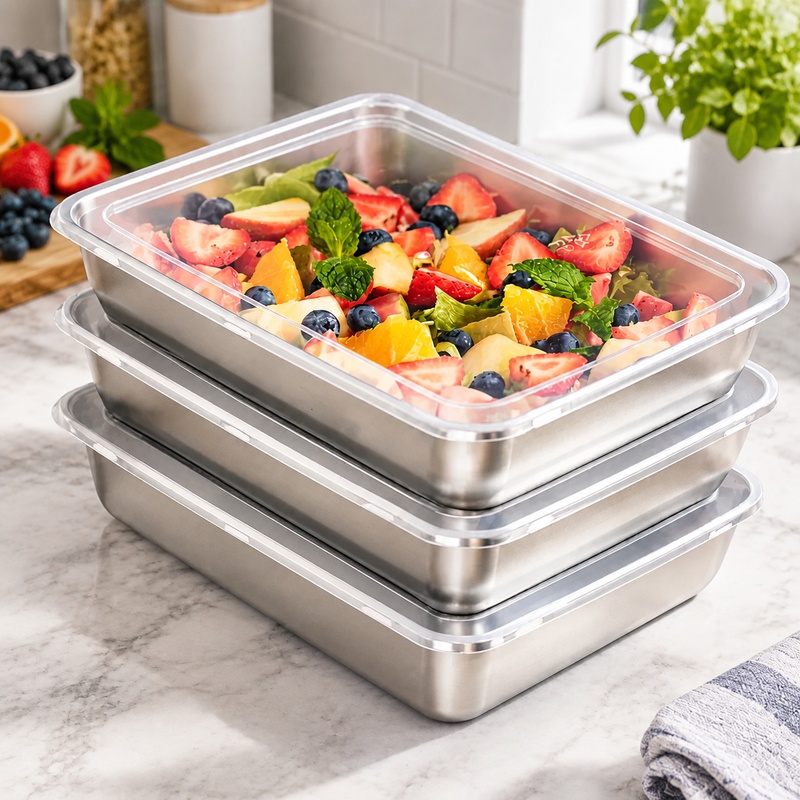 Food Storage Meals - Şeffaf Kapaklı, Üçlü Paket Paslanmaz Çelik